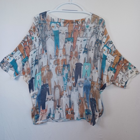 Bella Amore Italy Women Knit Top Lightweight Dolman Sleeve All Over Cat Print - Picture 3 of 6